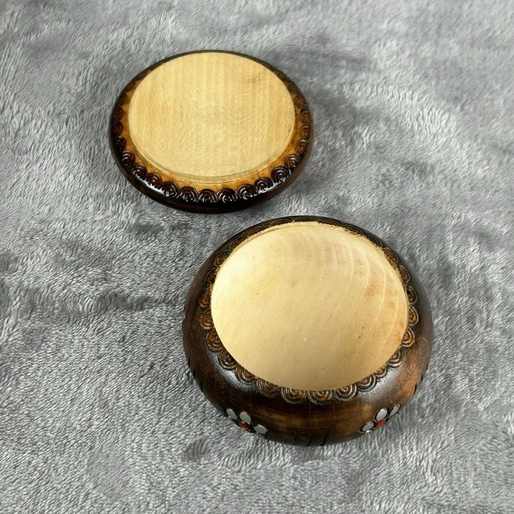 Vintage Hand Carved Wooden Trinket Box Round Floral Relief Lid Rustic Jewelry...